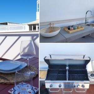 four pictures of a kitchen with a grill and a sink at Villa Graça Olhão in Olhão +8 photos