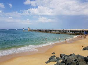 een strand met mensen in het water en een pier bij Gite charles in Capbreton