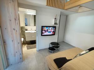 een slaapkamer met een bed en een tv aan de muur bij Gite charles in Capbreton