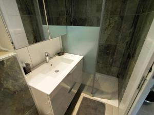 een badkamer met een douche en een witte wastafel bij Gite charles in Capbreton