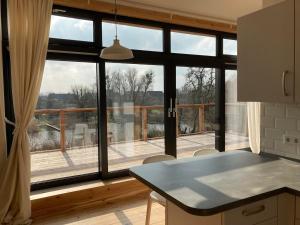 a kitchen with a large window with a view of a deck at Haus am Fluss in Bad Freienwalde