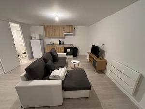 ein Wohnzimmer mit Sofa und eine Küche in der Unterkunft Le Breakaway, cosy et calme in Saint-Junien + 10 Fotos