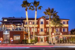 滨海卡涅Hotel Royalmar - Nouveau propriétaire的一座以圣诞灯和棕榈树装饰的建筑