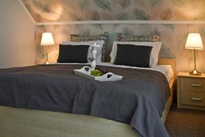 Un dormitorio con una cama grande con una bandeja encima. en Amfora Panzió, en Gyula 91 fotos más