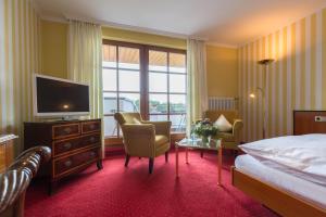 pokój hotelowy z łóżkiem i telewizorem w obiekcie Hotel Restaurant Vinothek LAMM w mieście Bad Herrenalb