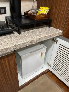 a kitchen with a counter top and a refrigerator at Bs BnB Luxury Studio Apartment in Dehradun +27 photos