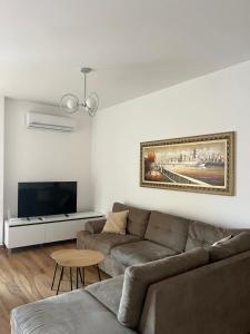 ein Wohnzimmer mit Couch und Flachbildfernseher in der Unterkunft Elena residence in Tirana