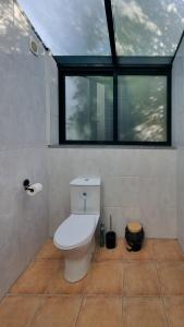 ein Badezimmer mit einem WC mit zwei Fenstern in der Unterkunft Quinta Sarnadela - Spacious 3 bedroom house with mountain view in Oliveira do Hospital + 24 Fotos