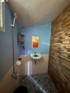 Un baño con lavabo y pared de piedra. en Maru Vibe Guest house at Panicsican San Juan Elyu, en San Juan