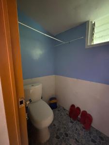 Un baño con inodoro y unas zapatillas rojas. en Maru Vibe Guest house at Panicsican San Juan Elyu, en San Juan