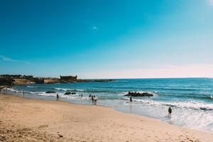 un gruppo di persone in piedi sull'acqua di una spiaggia di Oportocean Hostel a Matosinhos