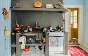 Edebäck4 Bedroom Beautiful Home In Ekshärad的厨房里有一台旧炉灶和一些锅碗瓢盆。