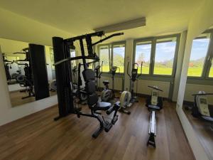 a gym with several tread machines in a room at Ferienwohnung Alpenpanorama in Oberaudorf