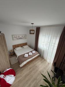 CisnădieMalina Residence Aparthotel的一间卧室，里面有一张床和一扇大窗户。