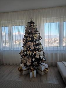 Un árbol de Navidad con regalos debajo en una sala de estar en Oáza Apartmán, en Poprad