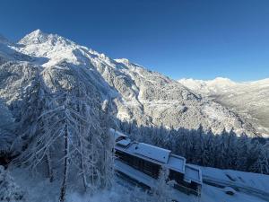 ein Zug, der an einem schneebedeckten Berg vorbeifährt in der Unterkunft Élégant Duplex - Sainte Foy Station - 10 pers in Sainte-Foy-Tarentaise