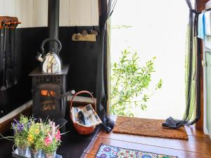 un soggiorno con camino e piano cottura di Glan Tywyn Shepherds Hut a Caeʼr-geiliog