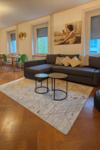a living room with a couch and two tables on a rug at Cool and Laidback at Sankt Johann in Basel