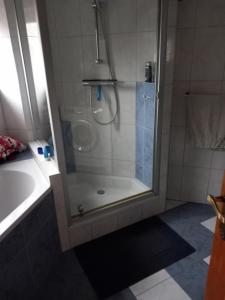 Eenpersoonskamerskamer, gezamenlijk gebruik badkamer en toilet في تورْن: حمام مع دش وباب زجاجي