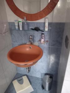 Eenpersoonskamerskamer, gezamenlijk gebruik badkamer en toilet في تورْن: حمام مع حوض بني ومرآة