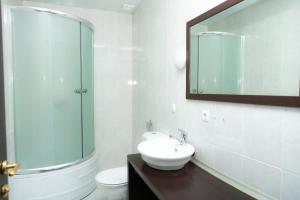 Un baño con lavabo, espejo e inodoro. en Hotel Old Marani, en Itʼkhvisi
