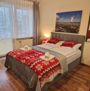 斯维诺乌伊希切Apartament TRZY POMOSTY Villa Mistral的卧室里有一张大床，床上铺着毛巾。