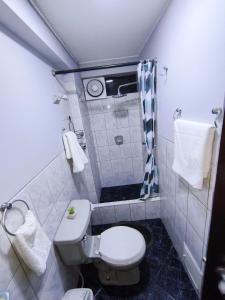 a small bathroom with a toilet and a shower at Apartamento Acogedor, tranquilo y privado in Lima