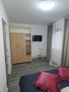 una camera da letto con un letto con cuscini rossi e una TV di Apartament 2 camere a Craiova