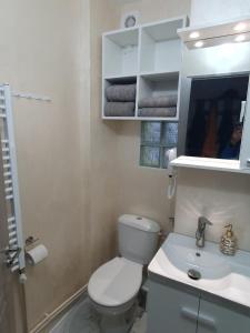 un bagno con un water bianco e un lavandino di Apartament 2 camere a Craiova