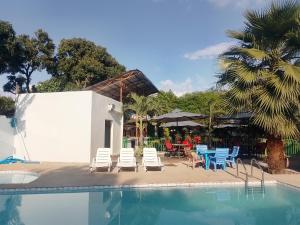 una piscina con sedie, tavoli e una palma di Grey Park Lodge a Gatunga