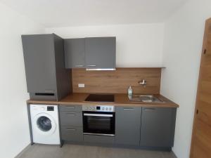 a kitchen with a stove and a sink and a washing machine at Panorama Wildgrat in Wenns