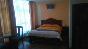 una camera da letto con un letto, una sedia e una finestra di Hotel Perla del Lago a Copacabana