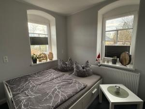 ein Schlafzimmer mit einem Bett mit Kissen darauf in der Unterkunft Ferienwohnung Schwalbennest1 in Großschirma