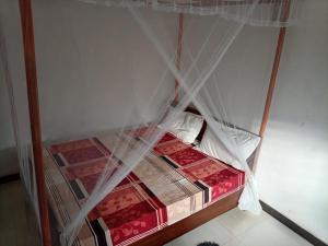 a bed with mosquito netting on top of it at White shell in Sinimodera