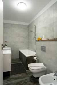 a bathroom with a tub and a toilet and a sink at Elegant Urban Retreat - City Center in Arad +34 photos