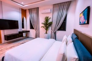 ein Hotelzimmer mit einem Bett und einem Fernseher in der Unterkunft Aurum on Missouri in Abuja