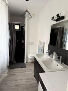 Boulieu-lès-AnnonayAppartement cosy et lumineux的浴室里有洗手池、马桶和镜子。 更多14张照片