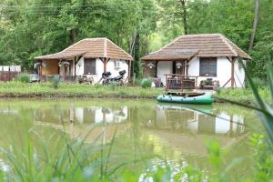 a small house and a small boat in the water at Sljivik in Niš