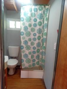 een badkamer met toilet en douchegordijn bij Soleada delta in Estación Delta
