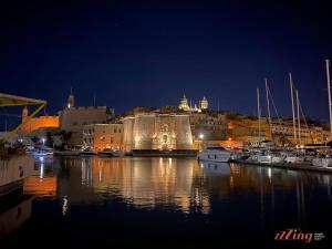 einen Hafen in der Nacht mit Booten im Wasser in der Unterkunft Stunning Holiday Home with Gorgeous Harbour Views in Senglea