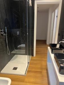 a bathroom with a glass shower with a sink at Black Swan Apartment in Peschiera del Garda +12 photos