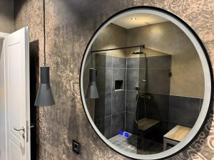 a bathroom with a mirror and a shower at Zeitloser Luxus am Wasserschloss in Neukirchen