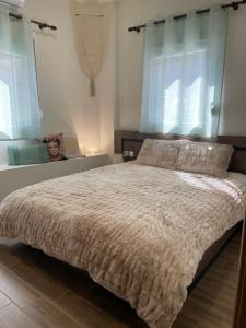 a bedroom with a large bed and two windows at Casa Nostra in Litochoro