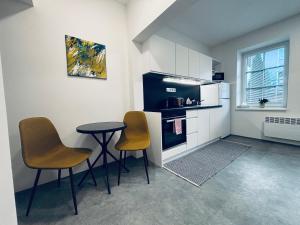 a small kitchen with a table and two chairs at Apartmány Atrium in Litoměřice