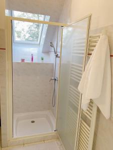 a bathroom with a shower with a glass door at Appartement au calme - T3, Ancenis, A11 in Mésanger