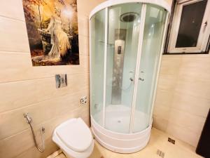 新德里South Delhi Res的带玻璃淋浴和卫生间的浴室