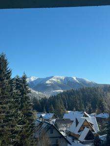 a view of a town with snow covered mountains at Kamzík 51 Donovaly in Donovaly