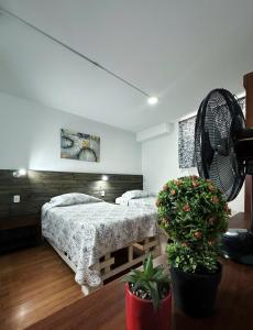 a bedroom with a bed and a fan at Hotel Plaza Colon in Arica