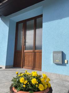 a pot of yellow flowers in front of a door at Apartment with garage and garden 
