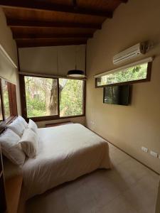 een slaapkamer met een groot bed en twee ramen bij Casa Azul in Mar de las Pampas